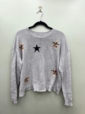 Rails Gray Cashmere Blend Sweater Leopard Star Print Lightweight Knit Small